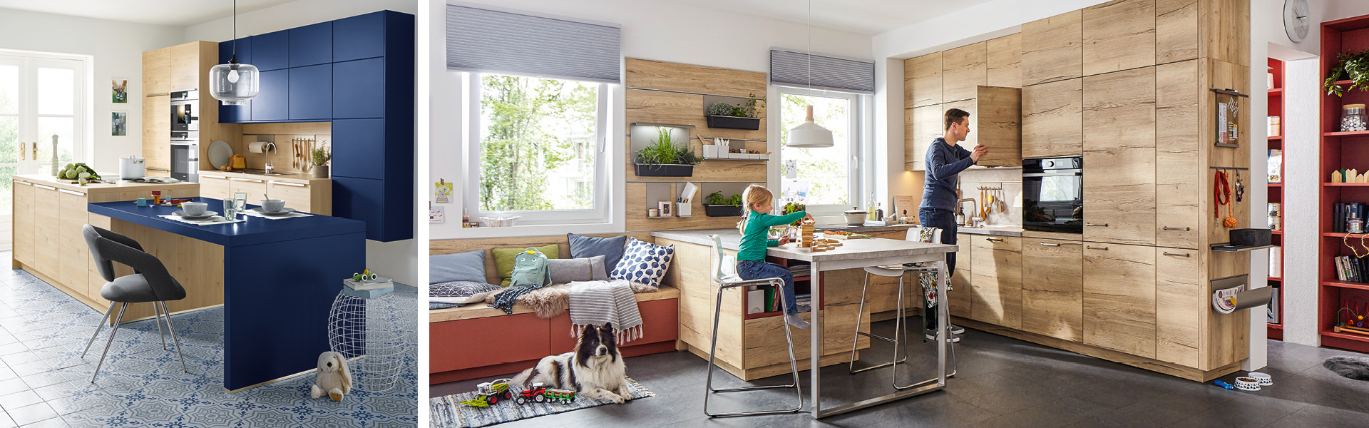 Mann mit Kind in offener Wohnküche in Holzoptik
