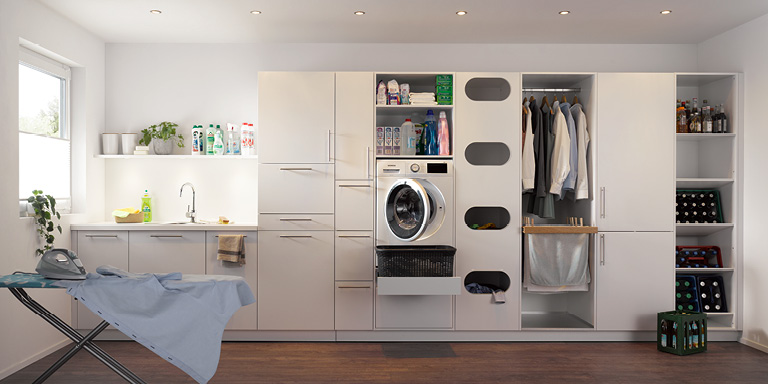 weißer Hauswirtschaftsraum, mit Eingbauter Waschmaschine und Wandschränken