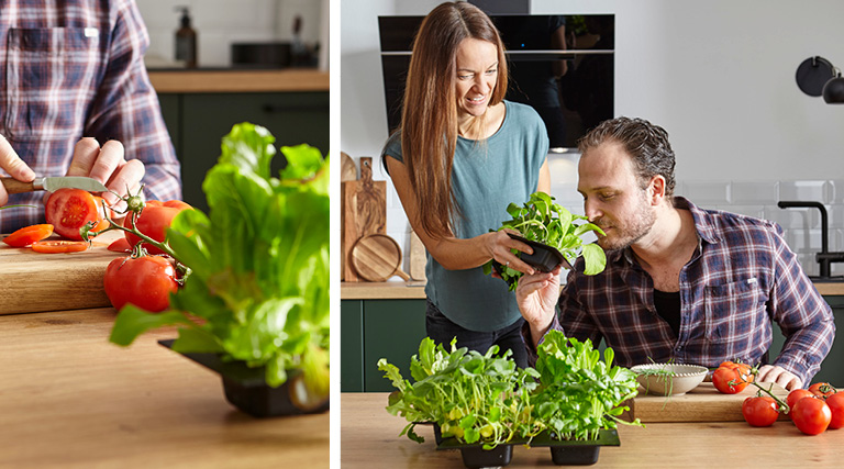 Mann und Frau in Küche mit Gemüse